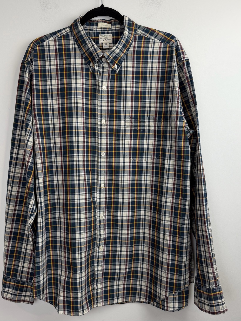J. Crew Mens Button Down Long Sleeve Plaid Orange Cotton Pocket Shirt Size XL